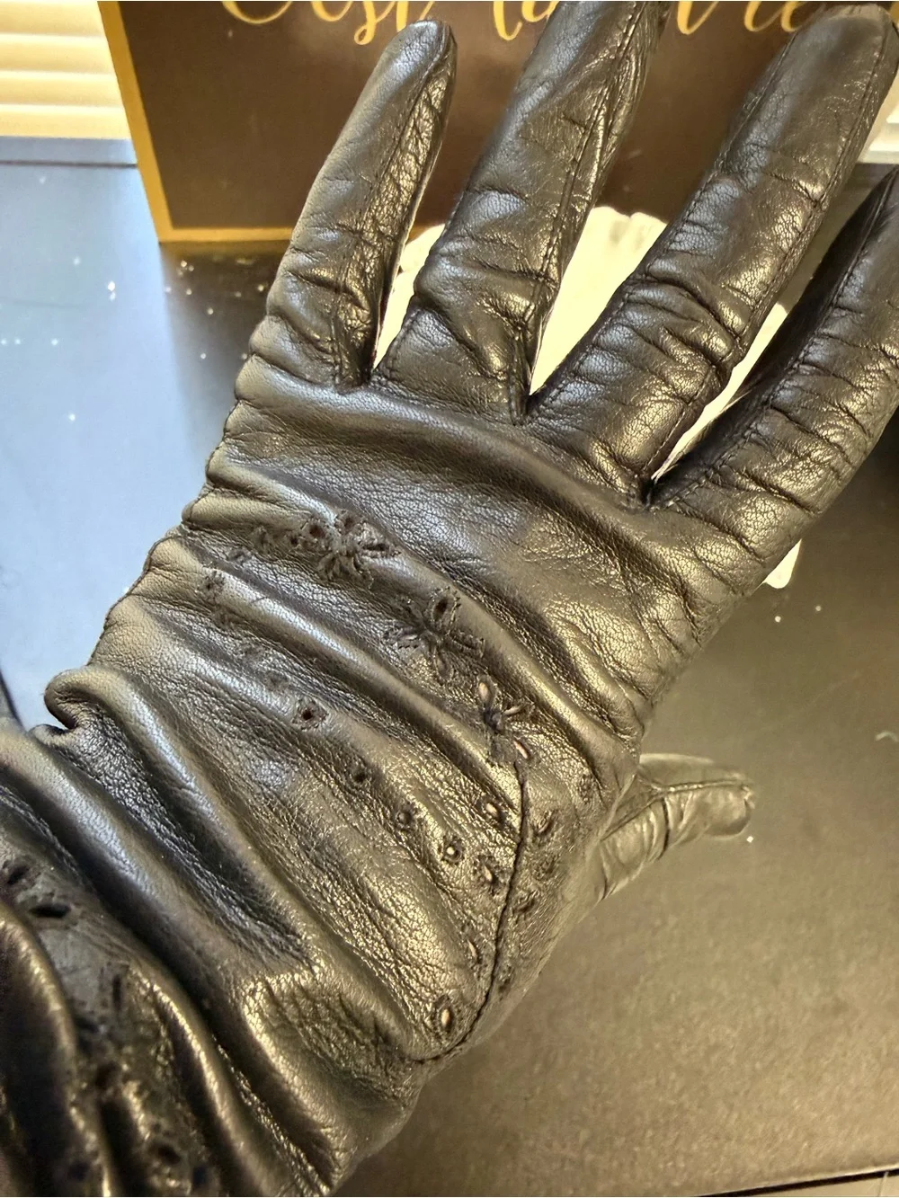 Vintage Black Leather Evening Women's Gloves w/ intricate floral cut-out design